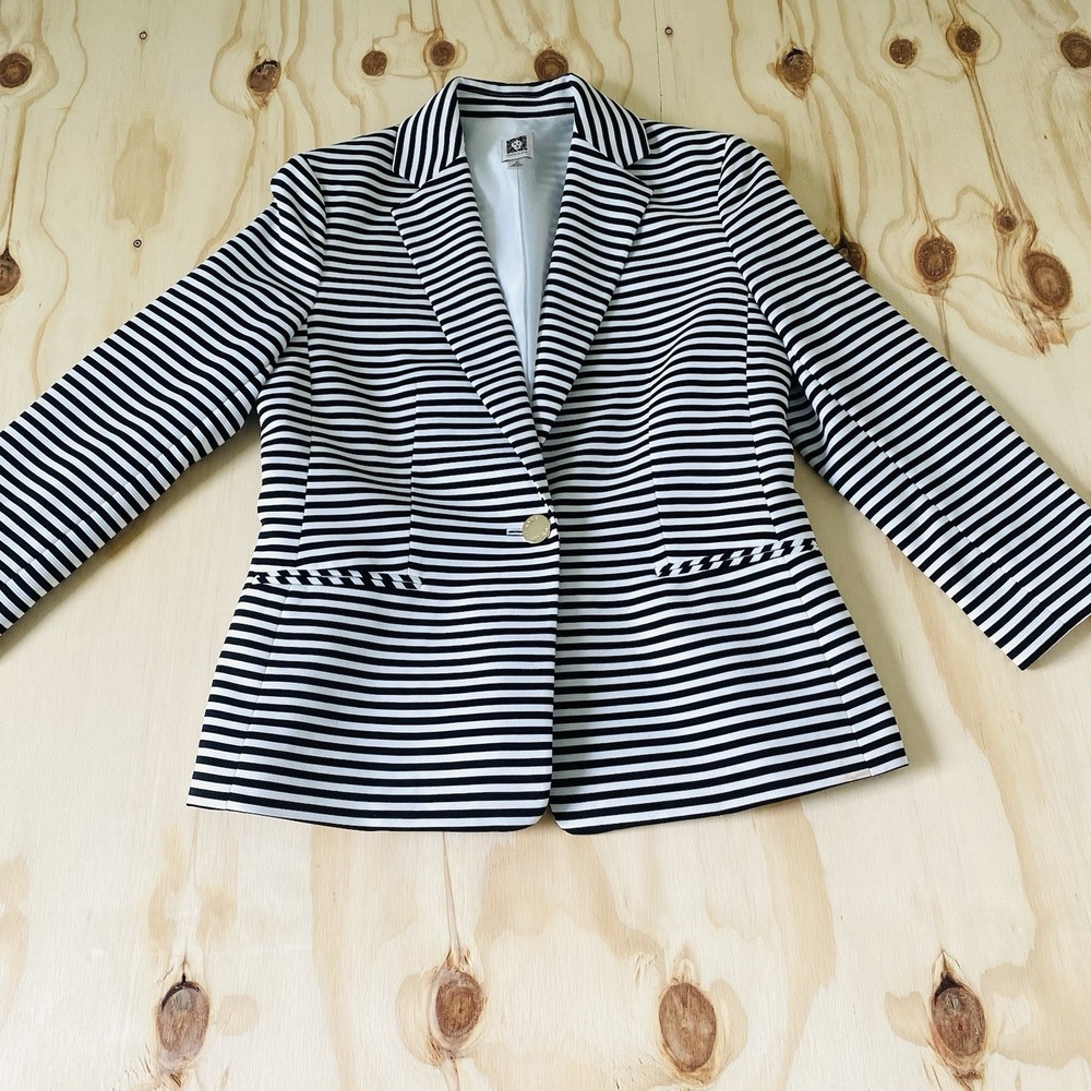 Anne Klein Women's Blazer Jacket Black White Striped Single Button Sz M